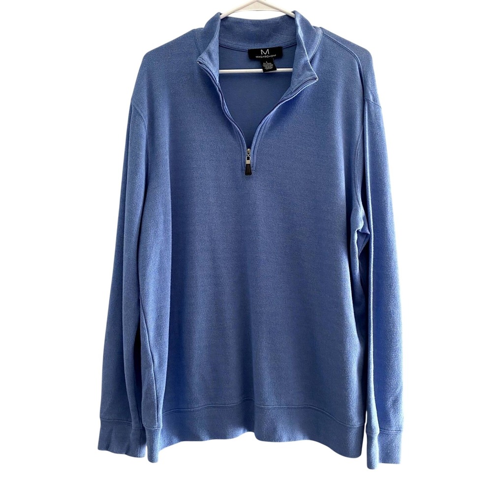Magaschoni Mens Cotton Blend‎ Quarter Zip Sweater Sky Blue Preppy Size Large